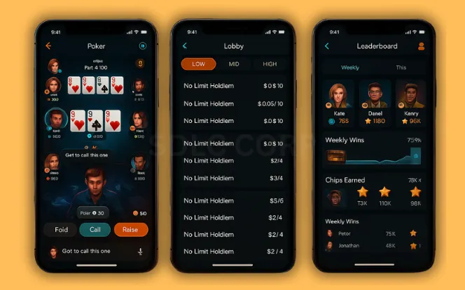 Core Multiplayer Poker Game App Features Three mobile screens showing multiplayer poker gameplay with live players at a table, room lobby with filters, and a leaderboard displaying chip earnings and club rankings over a high-end digital poker table background
