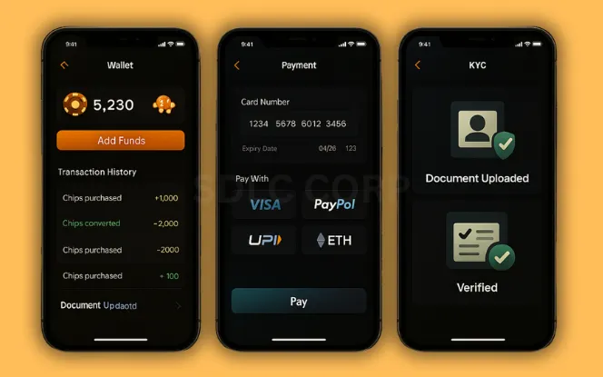 Secure Payment Gateway Integration Three mobile screens showing a poker app wallet dashboard with chip balance, a secure payment form supporting cards and crypto, and a KYC verification screen, all set against a professional poker-themed background