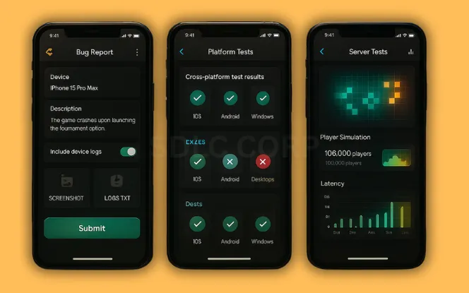 Testing and Quality Assurance Three mobile screens showing a poker app bug report form, device compatibility test matrix, and load testing results dashboard, all overlaid on a high-end poker table background with subtle QA elements like checklists and warning icons