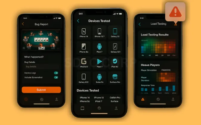 Launch Strategy and Post-Launch Support Three mobile screens featuring an app store preview for a poker app, a push notification campaign builder, and a live chat support interface, all set against a celebratory poker-themed background with chips and confetti