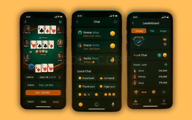 Standout Features for Competitive Edge Three mobile screens showcasing advanced poker app features including voice chat interface, VIP tournament entry screen, and loyalty rewards dashboard, set against a premium poker lounge background with glowing chips and cards