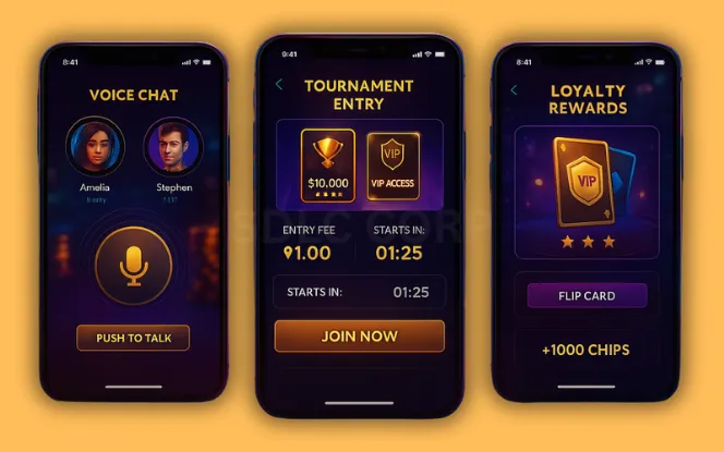 Monetization Models for Poker Apps Three mobile screens showing monetization options in a poker app including chip store with purchase bundles, VIP subscription tiers, and ad reward interface, set against a luxury casino backdrop with golden coins and digital poker chips