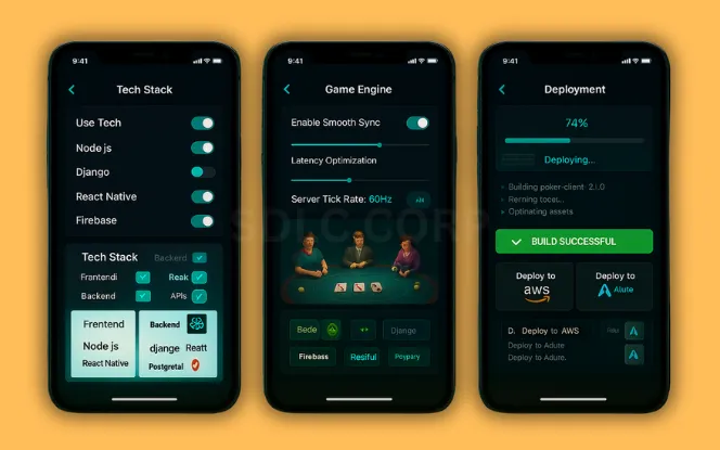 Technology Stack Recommendation Three mobile screens displaying a poker app tech stack interface with frontend and backend technology selections, real-time engine configuration, and deployment progress, set against a digital poker table merged with code and cloud infrastructure visuals