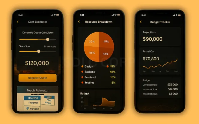 Cost to Build Poker Bros App Three mobile screens showing a poker app cost calculator with sliders, resource allocation pie chart, and project budget tracker, set against a professional poker-themed background with cards, chips, and digital financial overlays
