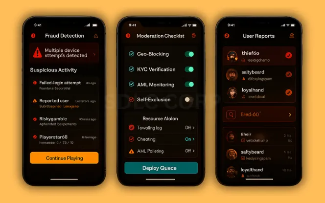 Challenges in Real Money Poker App Development Three mobile screens displaying a fraud detection alert interface, legal compliance checklist, and user report moderation panel, all set against a dark-themed poker room background with security icons, alert symbols, and digital safeguards