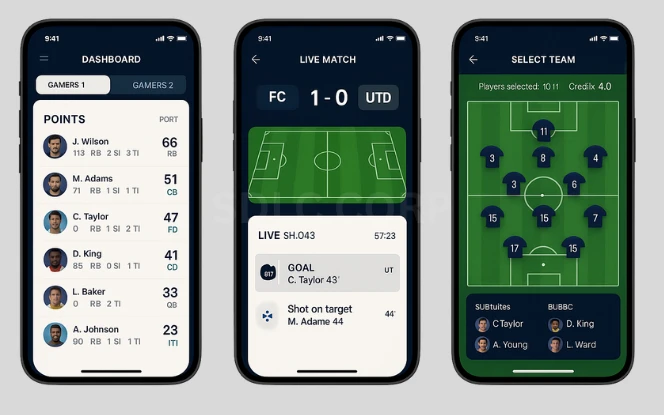 Illustration explaining the fantasy sports ecosystem, showing key components like users, real-time sports data, team management, and scoring systems interconnected through a digital platform.