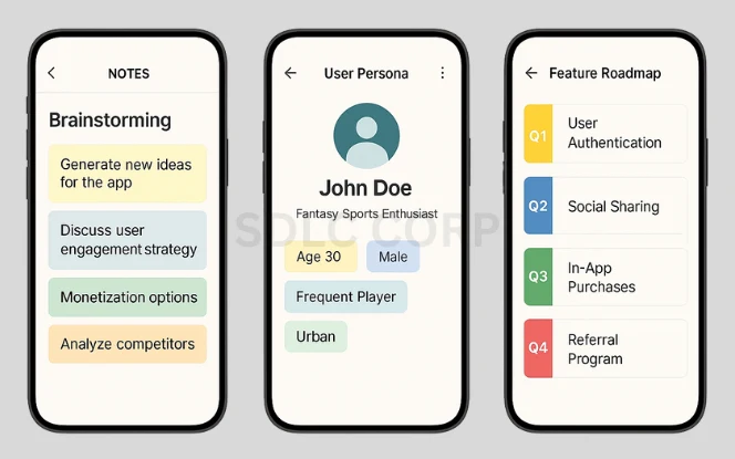 Illustration depicting the ideation and planning phase, featuring brainstorming sessions, mind maps, strategic workflows, and initial wireframes representing the foundation of a digital product's development.