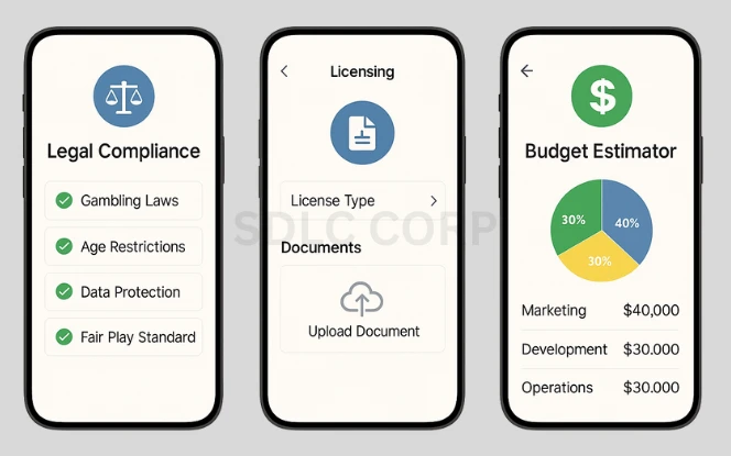Infographic outlining the key steps to start a fantasy sports business, including market research, platform design, obtaining legal licenses, integrating payment gateways, user acquisition strategies, and revenue models.