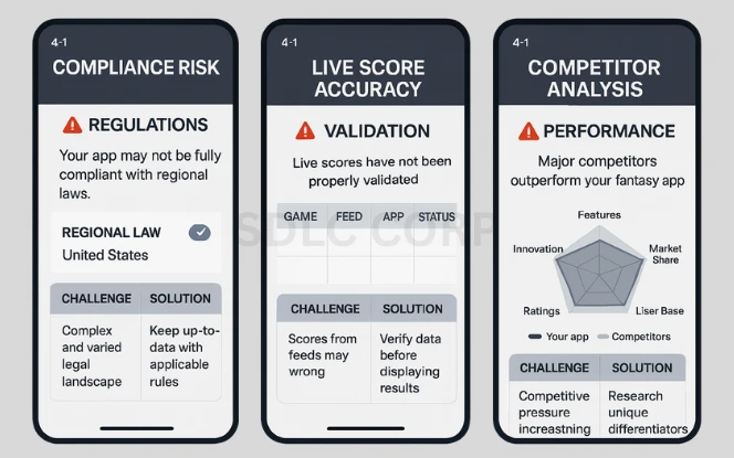 Visual representation of challenges in developing a fantasy sports app, including issues like real-time data integration, server scalability, compliance with gaming laws, data privacy concerns, complex user engagement mechanics, and high competition in the market.