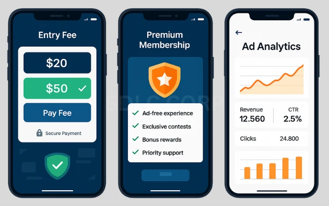 Infographic illustrating monetization strategies for a fantasy sports app, including revenue streams such as paid entry contests, in-app purchases, subscription plans, ad network integration, affiliate marketing, sponsorship deals, and premium feature upsells.