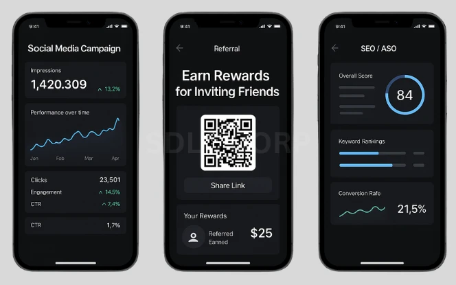 Illustration of marketing and user acquisition strategies for a fantasy sports app, showing tactics like social media ads, influencer marketing, referral incentives, SEO optimization, app store promotions, email campaigns, and performance analytics to grow the user base.