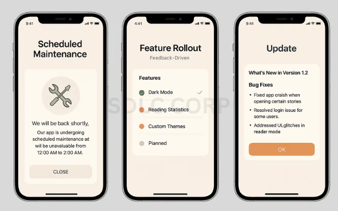 Illustration depicting post-launch maintenance activities for a fantasy sports app, including regular software updates, bug fixes, performance monitoring dashboards, user feedback loops, feature rollouts, and server upkeep to ensure ongoing app stability and user satisfaction.