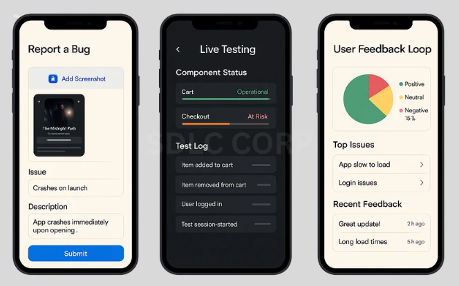 Illustration representing the testing and quality assurance process for a fantasy sports app, including automated test scripts, manual testing workflows, bug tracking dashboards, performance evaluation tools, cross-device compatibility checks, and security validations.
