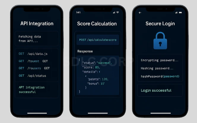 Technical diagram illustrating backend development for a fantasy sports platform, including server-side logic, database architecture, API endpoints, third-party sports data integration, authentication systems, and real-time data synchronization.