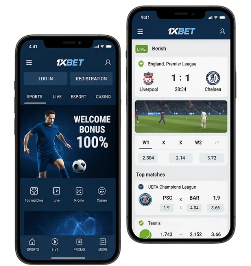 Two mobile screens showing sports betting and casino interface of an app like 1xBet with live odds, matches, and welcome bonus