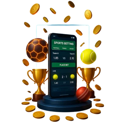 Realistic mobile sports betting app screen surrounded by sports balls, gold coins, and a trophy with a blue gradient background