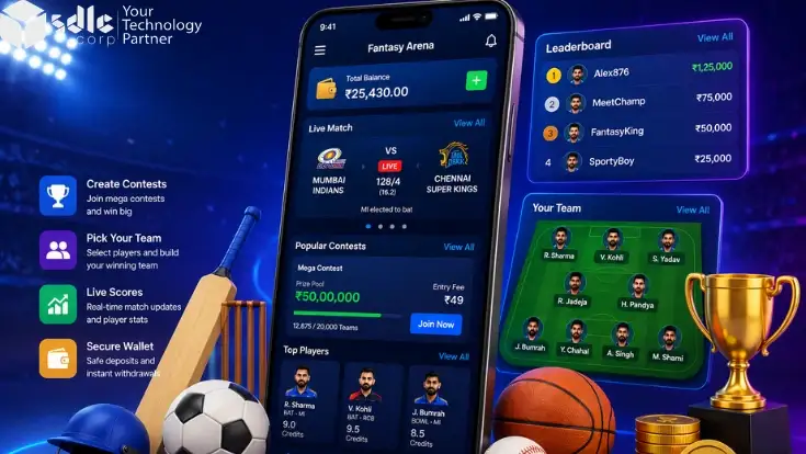Fantasy app like FanDuel development guide with mobile app screens and sports contest features