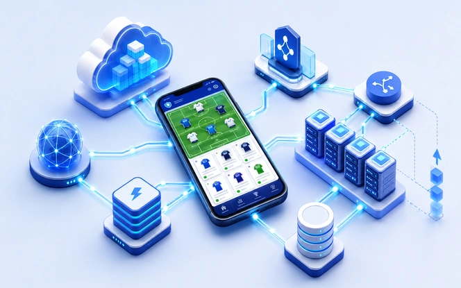 Fantasy app scalable architecture with CDN caching servers and auto scaling
