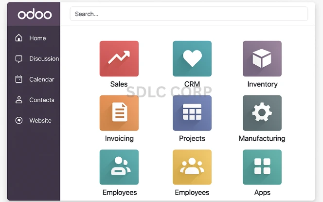 Odoo UI Overview with Vertical Navigation and Modular Layout Odoo 17 interface showing vertical sidebar, app tiles, and global search bar on desktop view.