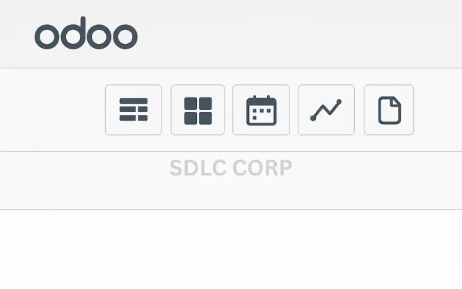 Switching Between Views in Odoo Interface Top-right section of Odoo module showing icons for list, kanban, calendar, graph, and form view.