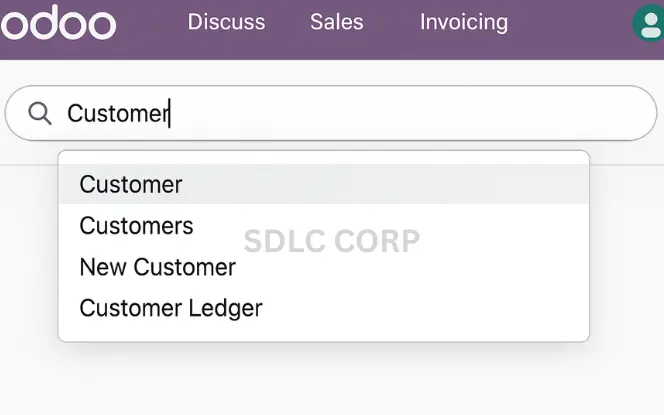 Using Global Search in Odoo UI User typing in Odoo global search bar with real-time suggestions dropdown.
