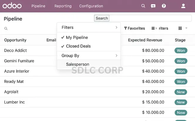 Applying Filters and Group By in Odoo Modules Odoo filter and group by options expanded within a module.
