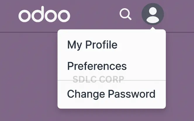 Accessing User Profile Settings in Odoo User profile dropdown in Odoo with preferences and settings options.