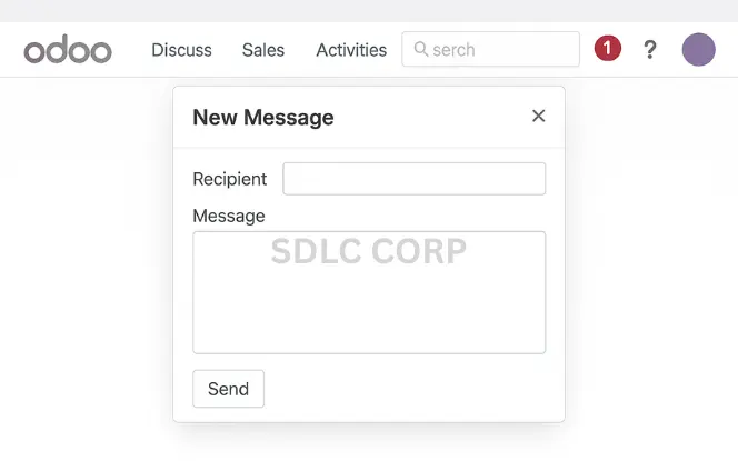 Sending Internal Messages via Odoo Discuss Odoo Discuss chat icon clicked with New Message window open.
