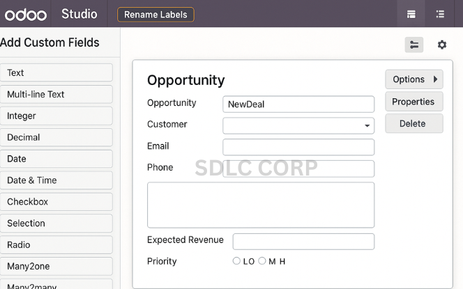Customizing UI with Odoo Studio Tool Odoo Studio drag-and-drop interface for customizing forms and adding fields.