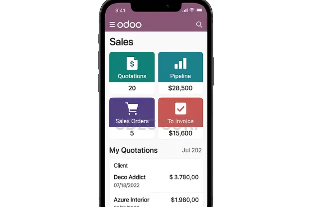 Using Odoo ERP on Mobile Devices Odoo mobile app open showing module dashboard on smartphone.
