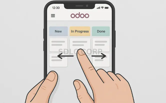 Mobile Touch Navigation in Odoo Interface User navigating Odoo mobile app with swipe gestures in Kanban view.