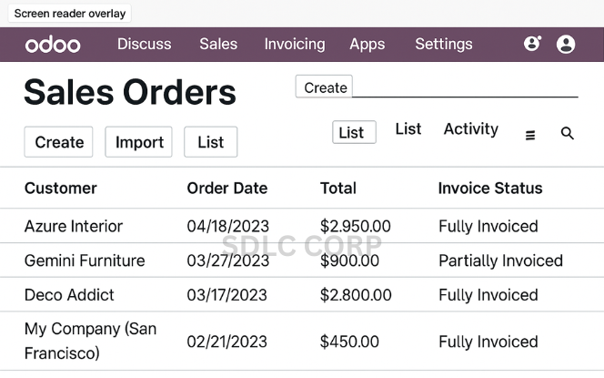 Accessibility Tools Enabled on Odoo UI Odoo screen with screen reader and font size adjustments applied.