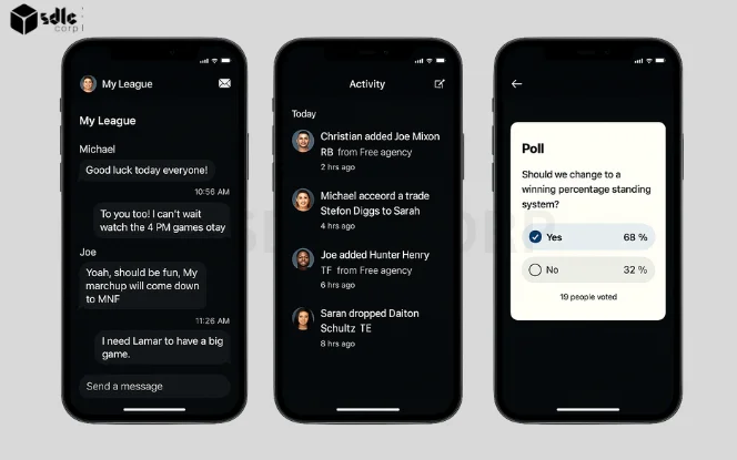 Fantasy sports app like MyFantasyLeague league chat and activity feed.
.