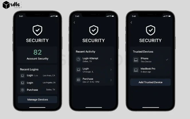 Fantasy app security screens with login activity and trusted devices