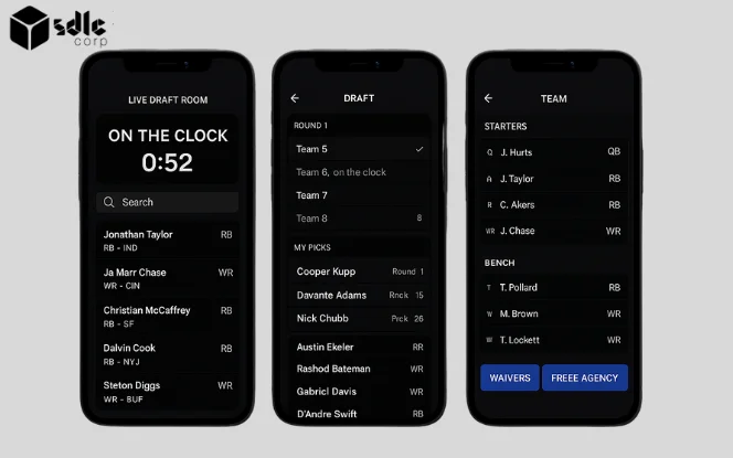 Fantasy sports app like MyFantasyLeague live draft and team roster screens