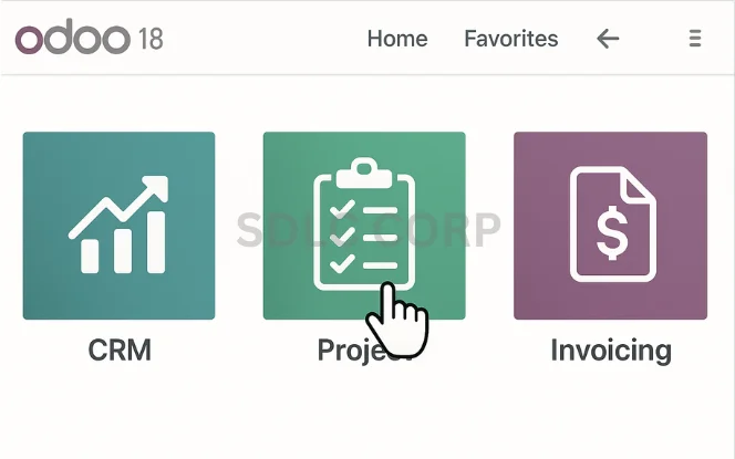 Odoo 18 Dashboard with Project Module highlighted