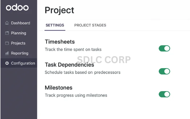 Odoo Project Settings with Timesheet and Dependencies enabled