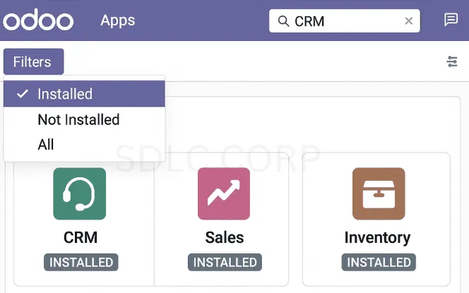 Odoo Apps section displaying various module cards with filters like 'Installed' and 'All' selected, and the Sales module card highlighted.