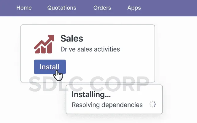 Sales module card in Odoo with the Install button being clicked and a side panel showing module details and dependencies.