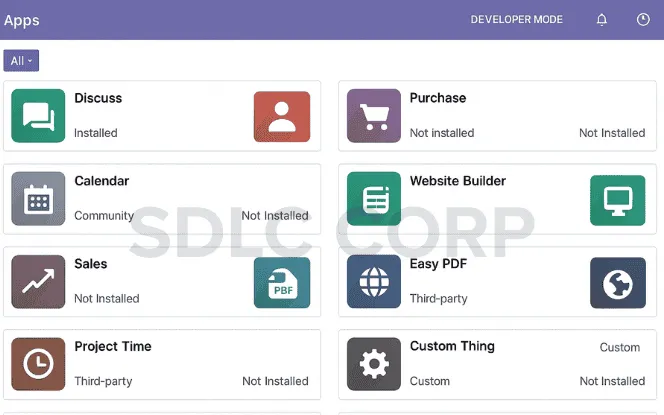 Odoo App Store view with the “All” filter active, displaying a scrollable list of core, community, and custom modules.
