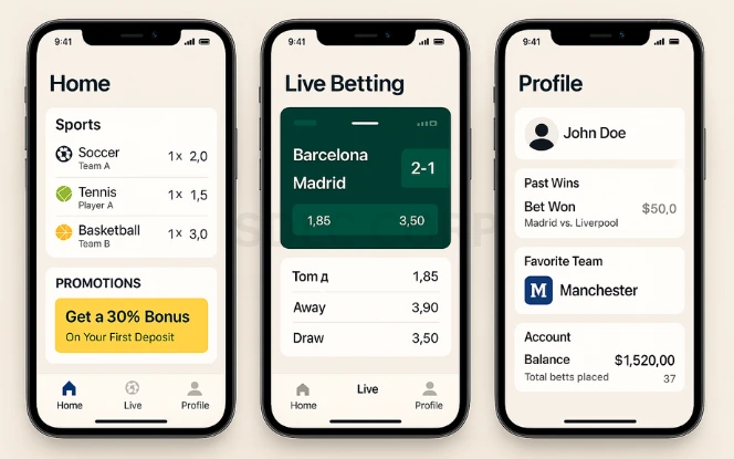 Why Build a Sports Betting App Like 1xStavka? Three mobile screens displaying a 1xStavka-style sports betting app with featured markets, live odds, and personalized user stats on a beige background