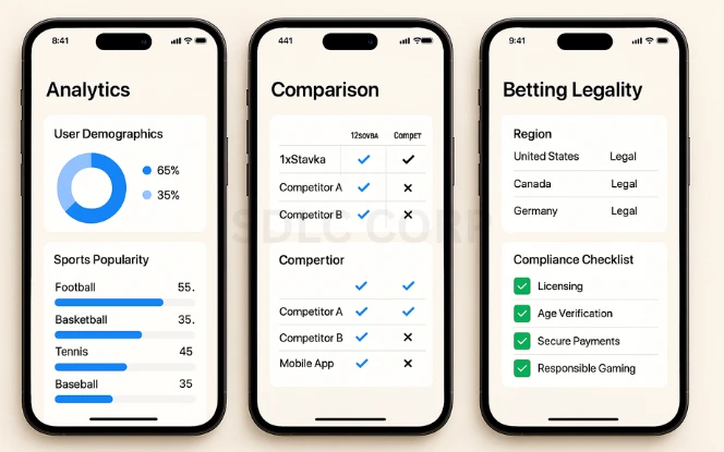Market Research and Conceptualization Three mobile screens showing market research analytics, competitor comparison, and legal compliance UI for a sports betting app like 1xStavka