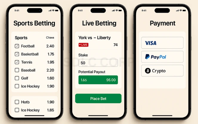 Defining the Features Three mobile screens showing a sports list with odds, a live betting interface, and payment options like Visa, PayPal, and crypto, inspired by 1xStavka app features