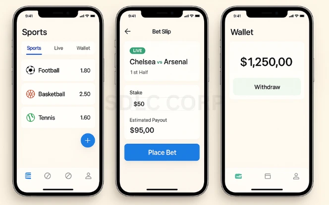 UI/UX Design Three mobile screens showcasing a sports betting app with a clean homepage, responsive bet placement form, and a wallet screen with a withdraw button, following modern UI/UX design principles