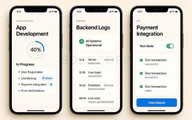 App Development Three mobile screens showing app development stages including a progress tracker for features, backend server logs, and payment API integration for a sports betting app