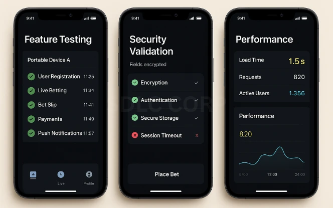 Testing Three mobile screens displaying feature test checklists, security validations with encryption indicators, and performance metrics like load times and active users for a betting app