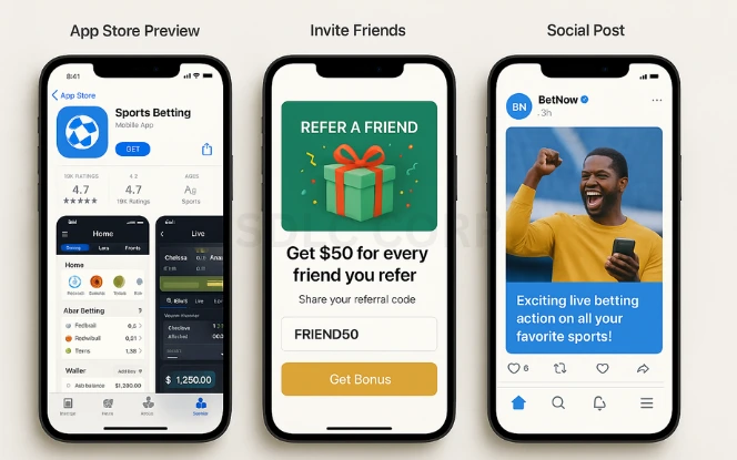 Launch and Marketing Three mobile screens showing an app store preview with ratings, a referral promotion banner with a bonus code, and a social media post promoting the betting app