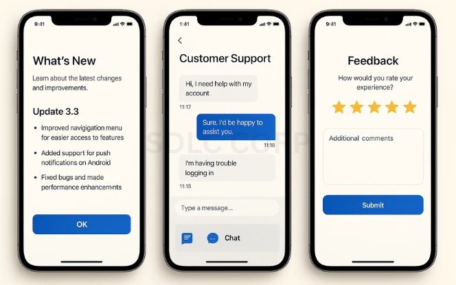 Ongoing Maintenance and Updates Three mobile screens showing app update release notes, a customer support chat interface, and a feedback form with star ratings and comment input for a betting app