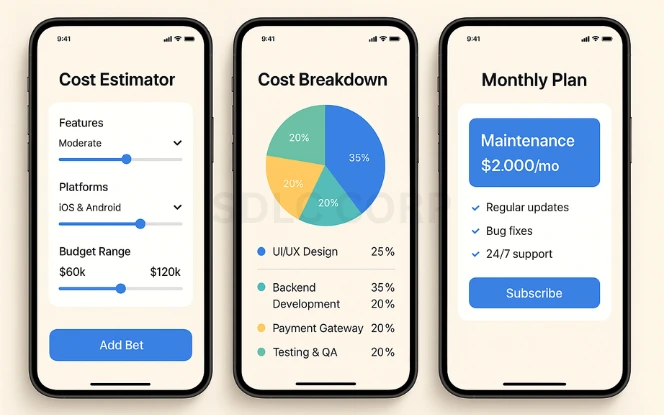 How Much Does It Cost to Build a Betting App Like 1xStavka? Three mobile screens displaying a cost estimator with feature sliders, a pie chart breaking down app development expenses, and a subscription pricing card for monthly maintenance