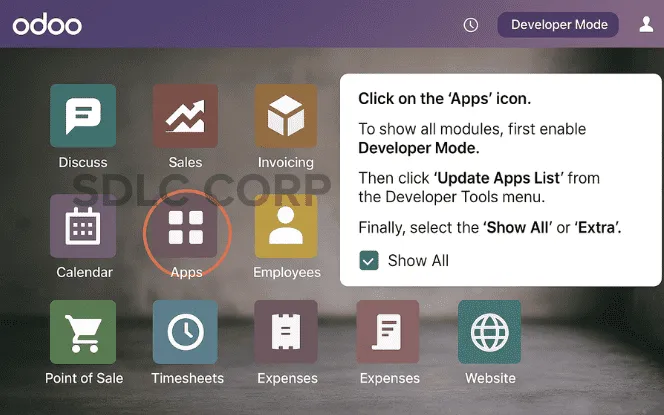 Odoo dashboard showing the Apps menu being clicked, with developer mode enabled and “Update Apps List” and “Show All” filters visible.